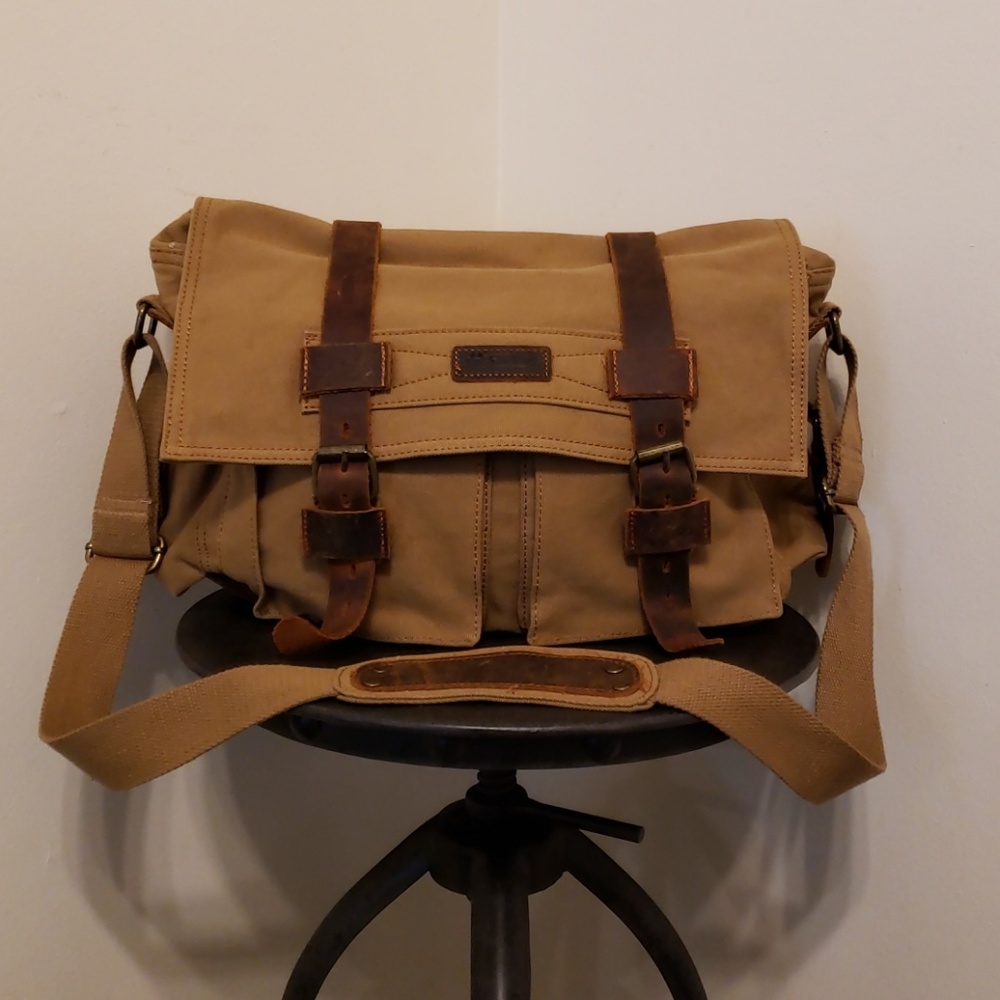 Canvas Crossbody Messenger Bag in Tan with Leather Trim